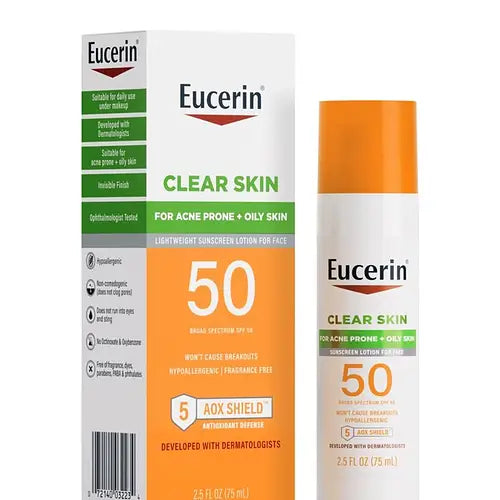 Eucerin Clear Skin, Lightweight Sunscreen Lotion for Face, SPF 50, Fragrance Free, 2.5 fl oz (75 ml)