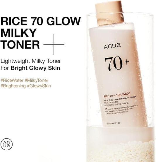 ANUA Rice 70 Glow Milky Toner, for Glass Skin, Rice Water, Niacinamide, Ceramides, Panthenol