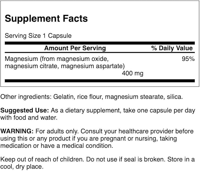 Swanson Triple Magnesium Complex - Mineral Supplement - Natural Support - Featuring Citrate, Oxide & Aspartate - (30 Capsules, 400mg Each)