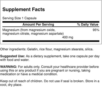 Swanson Triple Magnesium Complex - Mineral Supplement - Natural Support - Featuring Citrate, Oxide & Aspartate - (30 Capsules, 400mg Each)