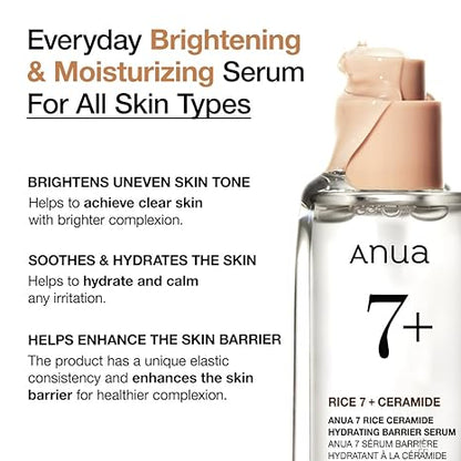 ANUA RICE CERAMIDE 7 HYDRATING BARRIER SERUM, Brightening, Hydrating Serum for Face