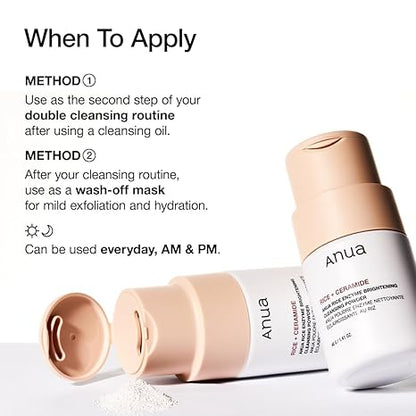 ANUA RICE ENZYME BRIGHTENING CLEANSING POWDER, Rice Mask, Ceramide, Gentle Face Wash for Brightening, Radiant Skin