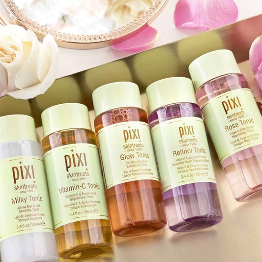 pixI  Skintreats----  Glow Tonic  Milky Tonic  Vitamin-C Tonic  Retinol Tonic  34ml ( Each 7 OMR )