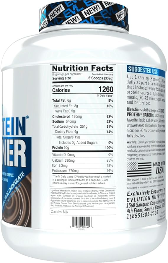 Evlution Nutrition Stacked Protein Gainer, 50 Grams Whey Protein Powder Complex, 251 Grams Carbohydrates, Build Muscle, Recovery, Post Workout, Gluten-Free (Double Rich Chocolate, 6 LB)