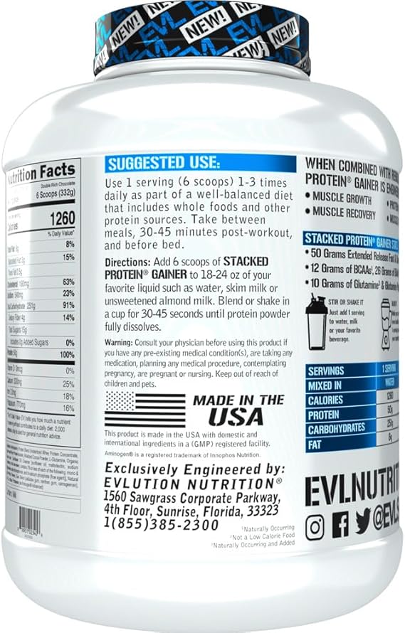 Evlution Nutrition Stacked Protein Gainer, 50 Grams Whey Protein Powder Complex, 251 Grams Carbohydrates, Build Muscle, Recovery, Post Workout, Gluten-Free (Double Rich Chocolate, 6 LB)