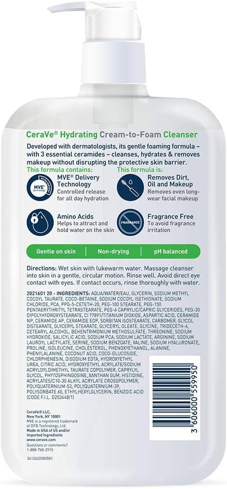 CeraVe Hydrating Cream-to-foam Cleanser For Normal to Dry Skin