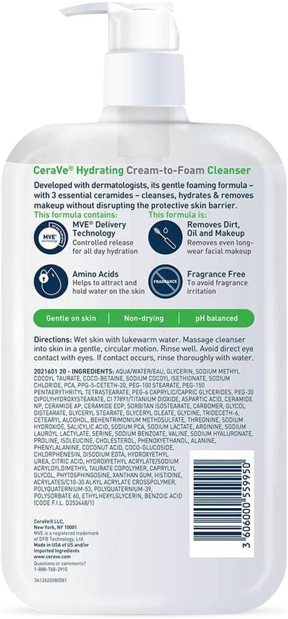 CeraVe Hydrating Cream-to-foam Cleanser For Normal to Dry Skin