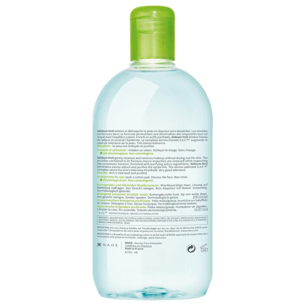 Bioderma - Sébium H2O - Micellar Water - Facial Cleanser and Makeup Remover - Face Cleanser for Combination to Oily Skin 500 ML