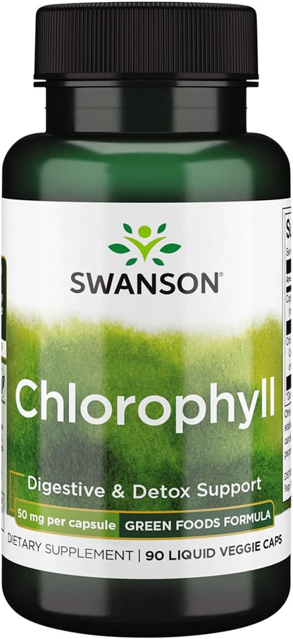 Swanson Chlorophyll - Green Foods Formula Supporting The Body's Natural Cleansing & Deodorizing Process - Promotes Gut Health Support - (90 Liquid Veggie Capsules, 50mg Each)
