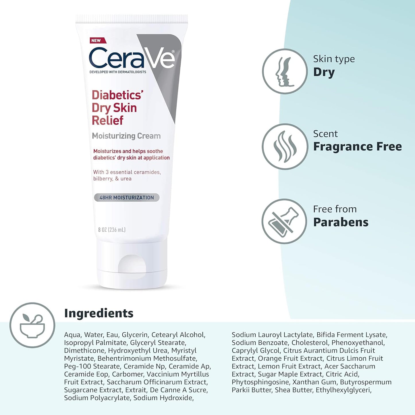CeraVe Diabetics’ Dry Skin Relief Moisturizing Cream – 236ml | 48HR Hydration