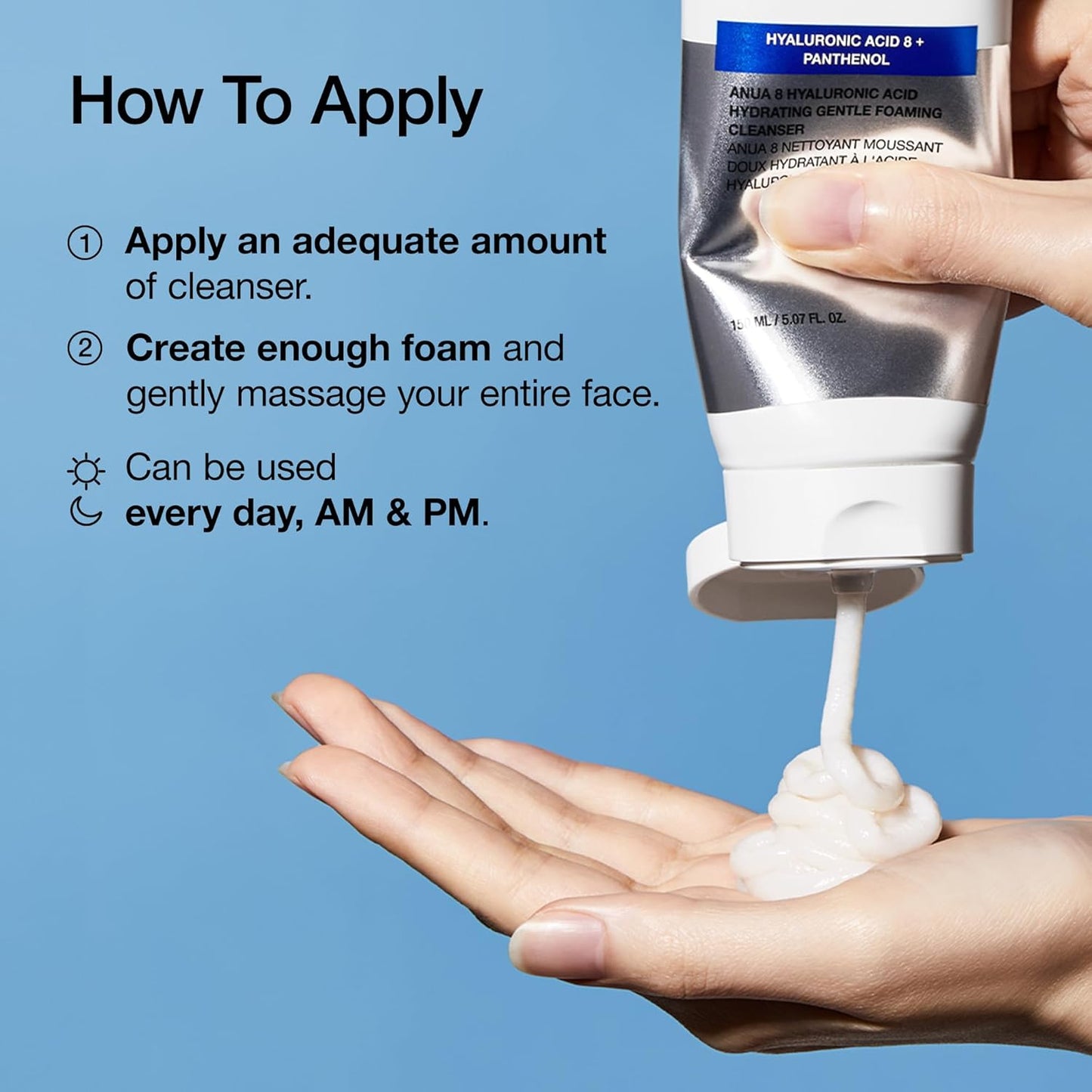 ANUA Hydrating Gentle Foaming Cleanser, Hyaluronic Acid, Glycerin, Zinc, Panthenol, Korean Face Wash for Dry Skin, for Double Cleansing, Korean Skincare (150ml/5.07fl oz.)