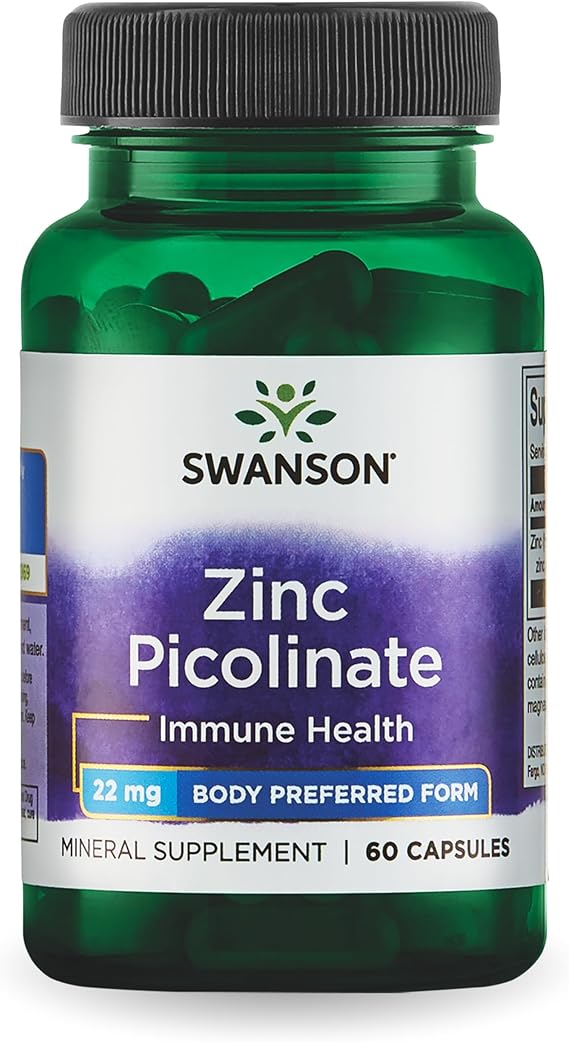 Swanson Zinc Picolinate - Mineral Supplement Promoting Prostate Health, Vision Health, & Immune Support - Body Preferred Form of Chelated Zinc - (60 Capsules, 22mg Each)