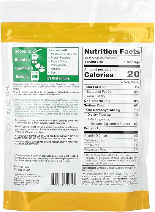 California Gold Nutrition Superfoods, Organic Cacao Powder (8.5oz/240g)