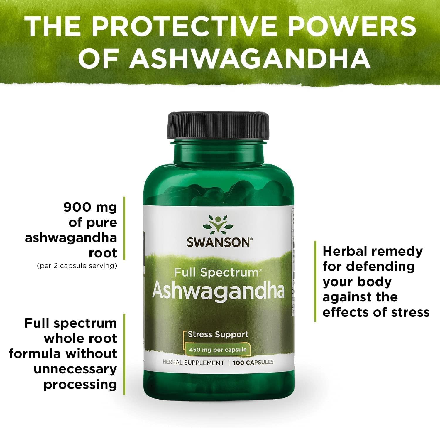 Swanson Ashwagandha Powder Supplement - Stress Relief & Energy Support - 100 Capsules, 450mg