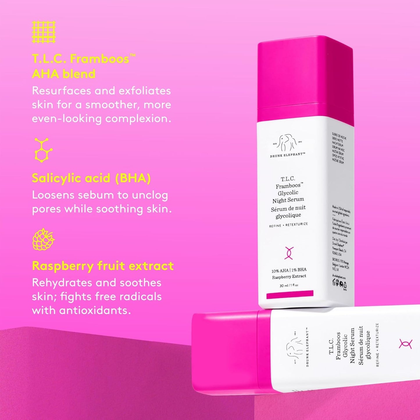 سيروم Drunk Elephant TLC Framboos Glycolic - سيروم مقشر AHA - عناية طبية نظيفة بالبشرة - خالٍ من القسوة - تم اختباره من قبل أطباء الجلدية - خالٍ من الزيوت العطرية والسيليكون والعطور 