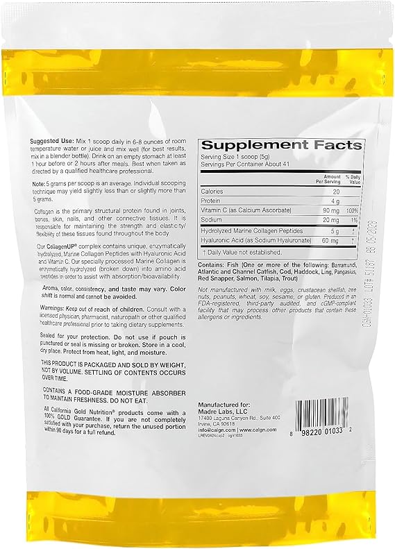 Collagen Peptides Powder with Hyaluronic Acid, Support for Healthy Hair, Skin, Nails, Joints and Bones, Non-GMO, Gluten and Dairy Free, Unflavored, 7.26 oz, Fish Sourced