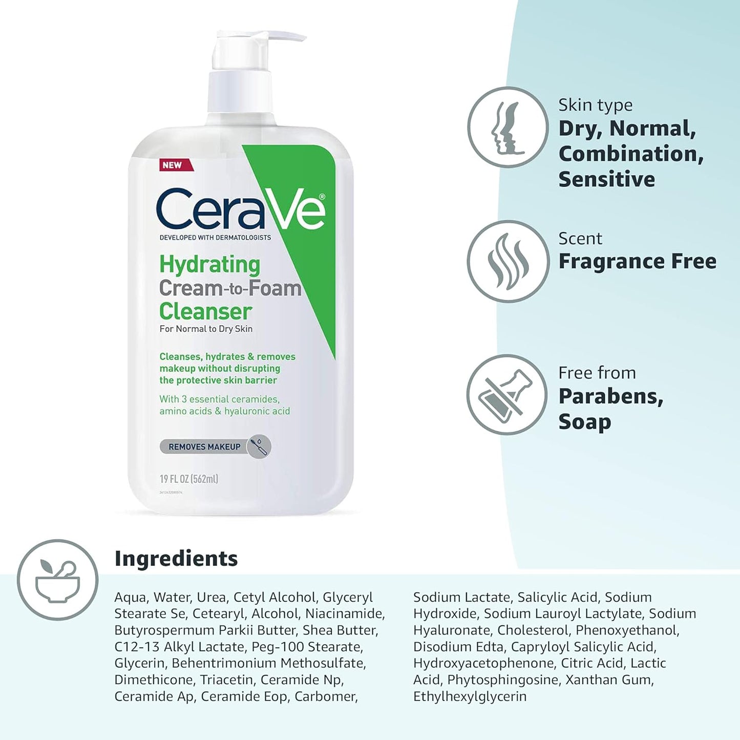 CeraVe Hydrating Cream-to-foam Cleanser For Normal to Dry Skin