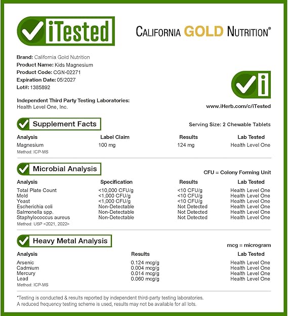 California Gold Nutrition Chewable Magnesium for Children, Cherry, 90 Vegetarian Tablets
