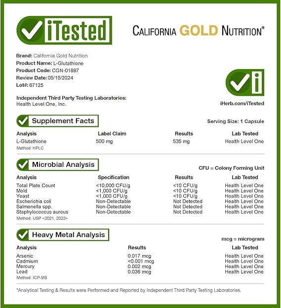 California Gold Nutrition L-Glutathione (Reduced), 500 mg, 30 Veggie Capsules