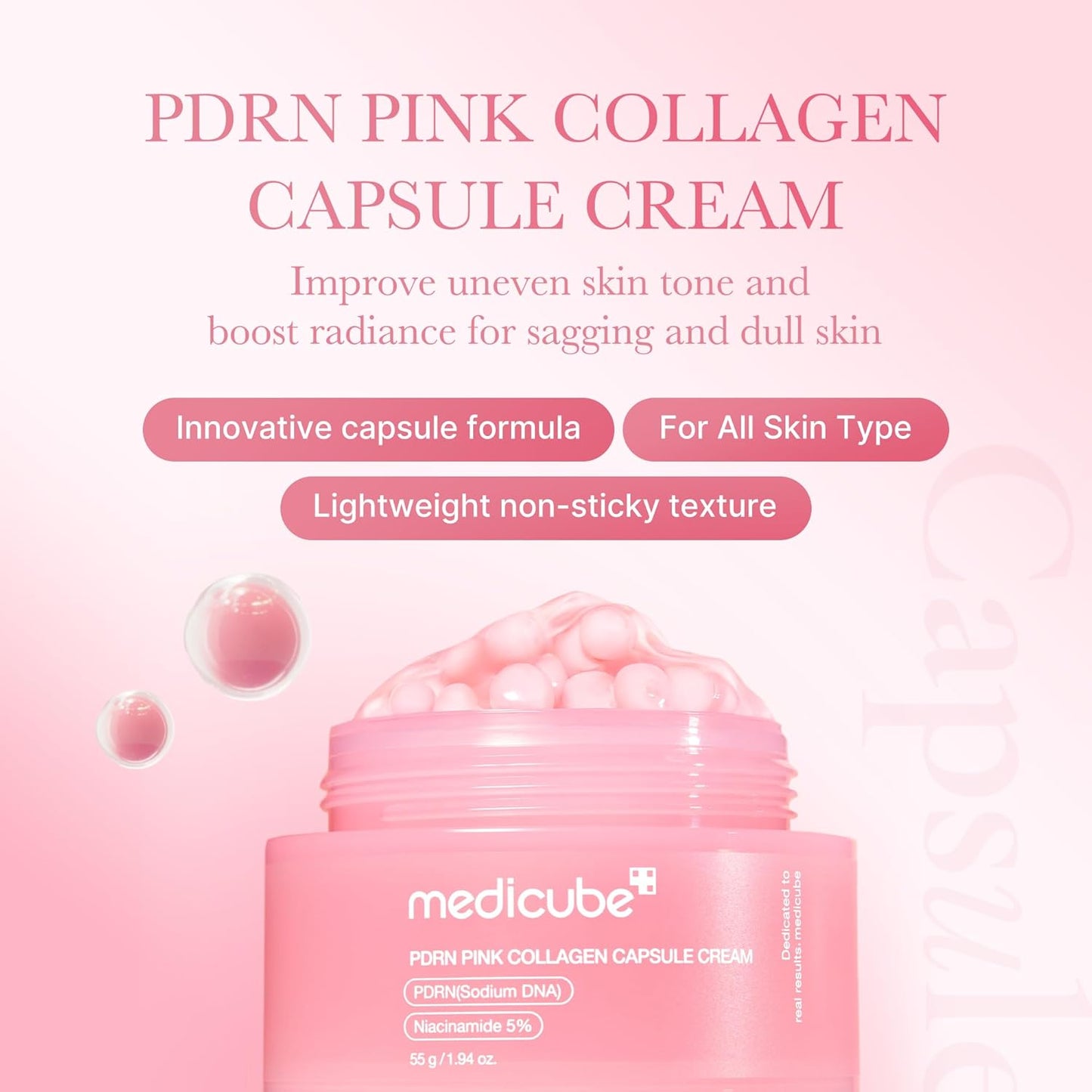 Medicube Salmon DNA PDRN Pink Collagen Capsule Cream – Lightweight Face Moisturizer with Niacinamide for Hydration, Glow & Uneven Skin Tone (1.94 oz)
