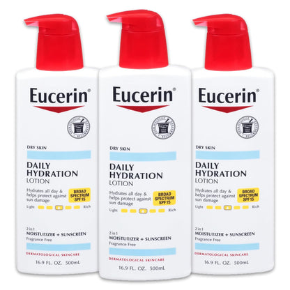 Eucerin Daily Hydration Lotion (Dry Skin) Broad Spectrum SPF15 2 in 1, Moisturizer + Sun Screen 500ml