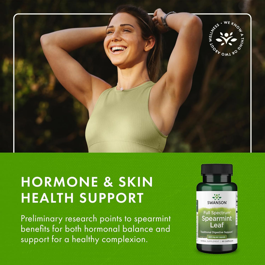 Swanson Spearmint Leaf (Mentha Spicata) - Full Spectrum Herbal Supplement Supporting Digestive Health & Mild Stomach Issues - Natural Formula Supporting Health & Wellness - (60 Capsules, 400mg Each)