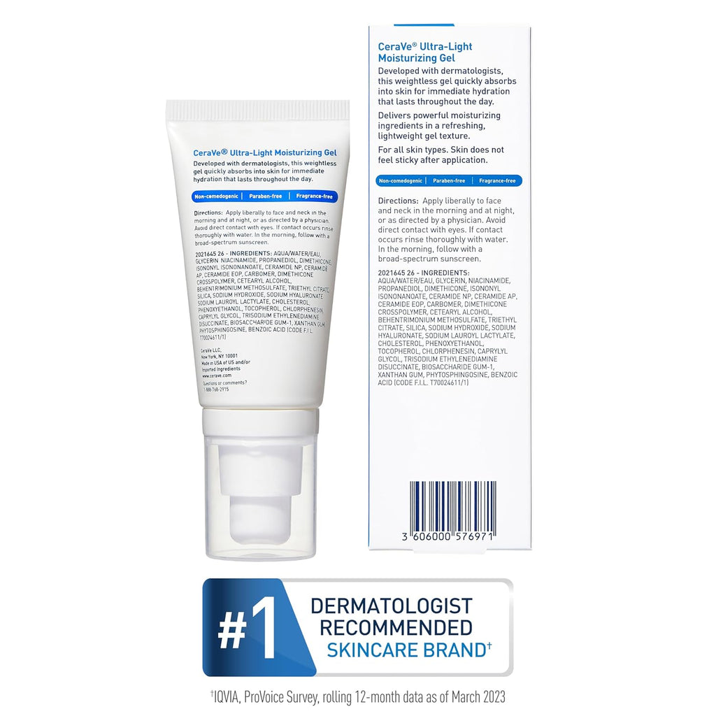 CeraVe Ultra-Light Moisturizing Gel, Hydrating Gel Face Moisturizer For Men & For Women with Ceramides, Niacinamide, Hyaluronic Acid, Fragrance Free, Oil-Free, Mattifying Moisturizer, 1.75 FL Oz