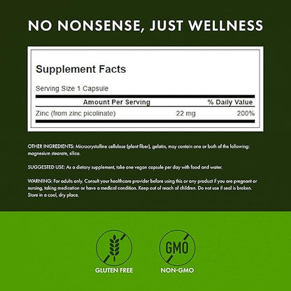 Swanson Zinc Picolinate - Mineral Supplement Promoting Prostate Health, Vision Health, & Immune Support - Body Preferred Form of Chelated Zinc - (60 Capsules, 22mg Each)