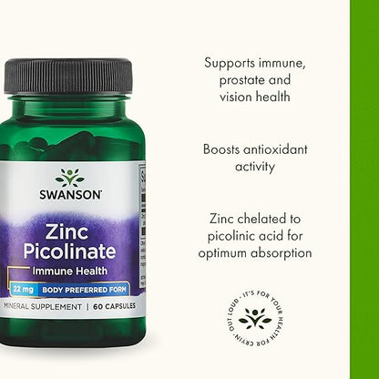 Swanson Zinc Picolinate - Mineral Supplement Promoting Prostate Health, Vision Health, & Immune Support - Body Preferred Form of Chelated Zinc - (60 Capsules, 22mg Each)