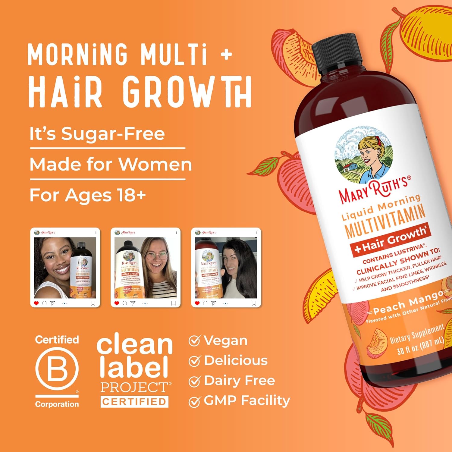 MaryRuth's Liquid Multivitamin + Hair Growth | Clinically Tested for Thicker Hair & Facial Wrink | Ages 18+ | 450 ml