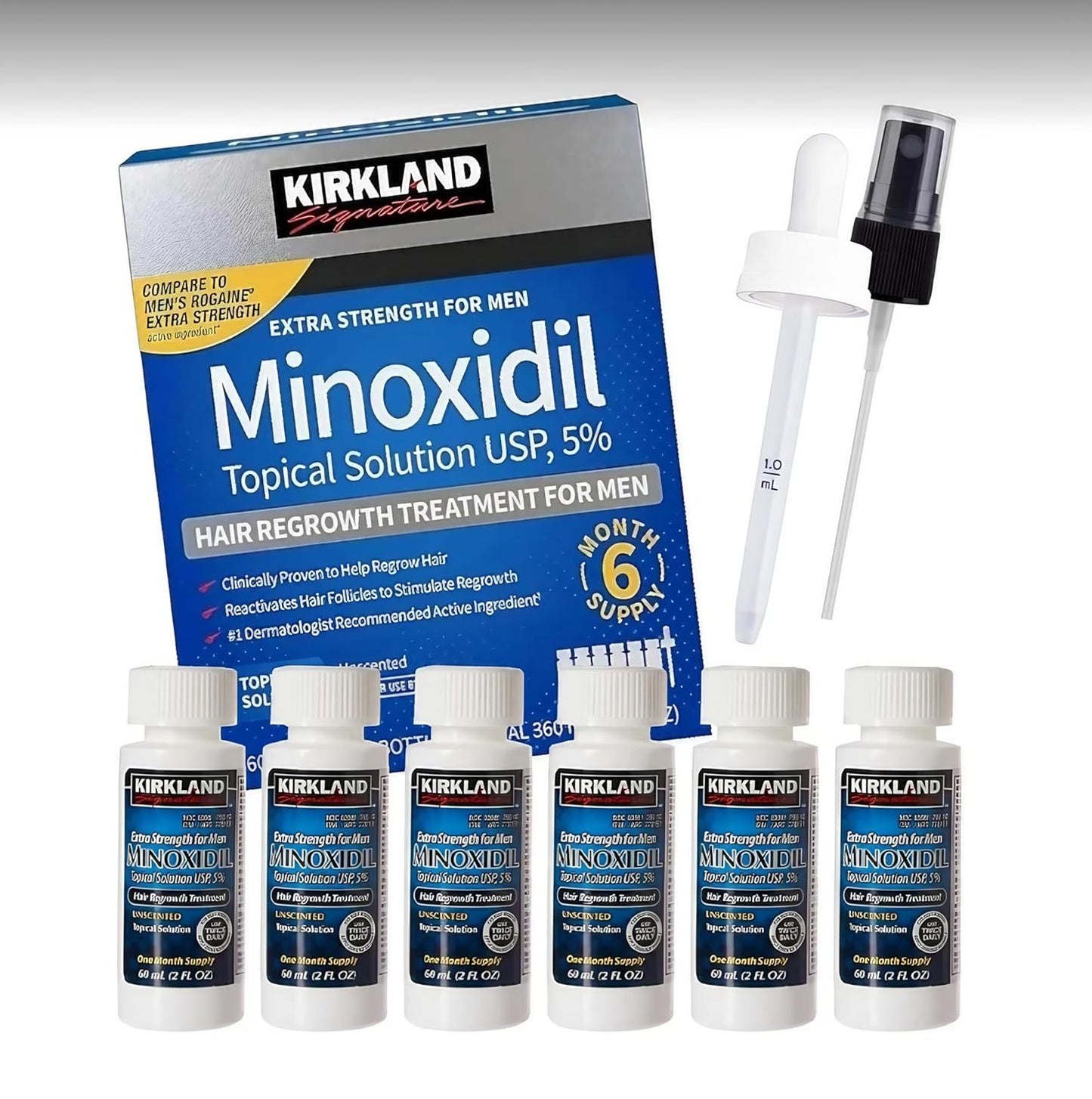 Kirkland Signature,6 Months-Minoxidil 5% Topical Solution Extra Strength Hair Regrowth Treatment for Men【 Dropper Applicator and Pump Mist Sprayer Included】Hair Loss Regrowth -Total 12 Oz
