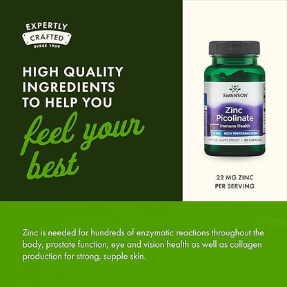 Swanson Zinc Picolinate - Mineral Supplement Promoting Prostate Health, Vision Health, & Immune Support - Body Preferred Form of Chelated Zinc - (60 Capsules, 22mg Each)