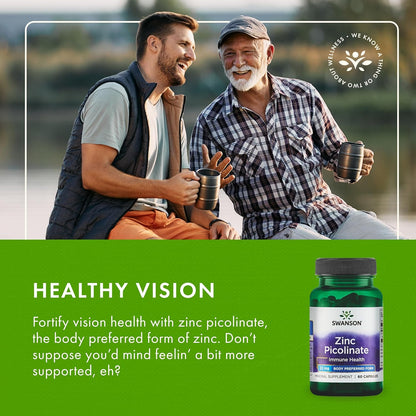 Swanson Zinc Picolinate - Mineral Supplement Promoting Prostate Health, Vision Health, & Immune Support - Body Preferred Form of Chelated Zinc - (60 Capsules, 22mg Each)
