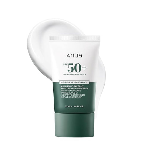 Anua Heartleaf Silky Moisture Sun Cream SPF 50 in a white tube with green text and details, 50 ml size.