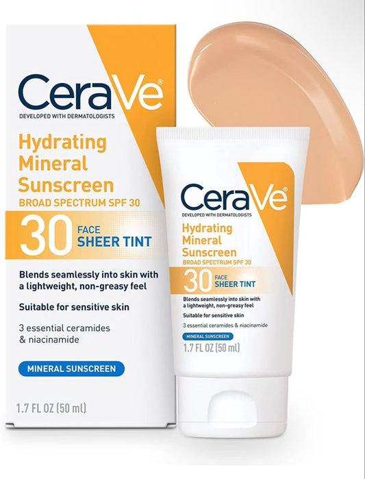 CeraVe Hydrating Mineral Sunscreen SPF 30 with Sheer Tint, Tinted Mineral Sunscreen