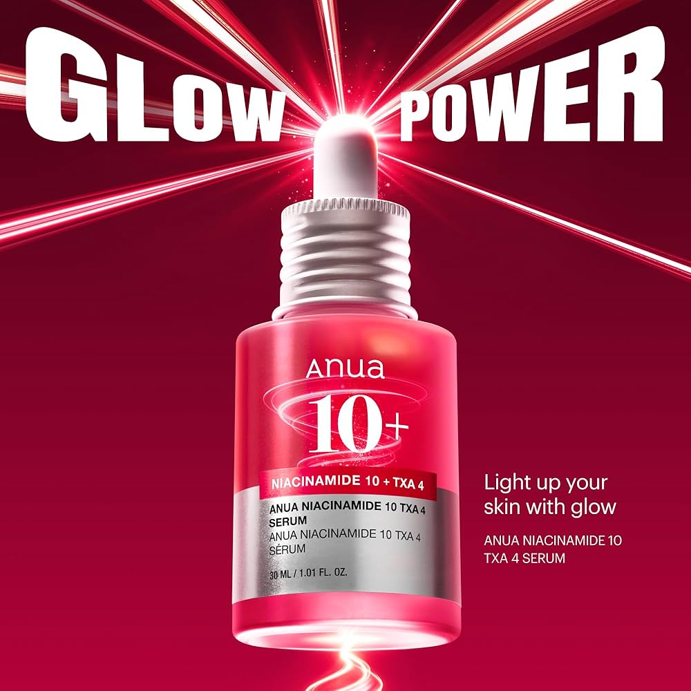 Anua Niacinamide 10% + TXA 4% serum bottle in a red Glow Power graphic.