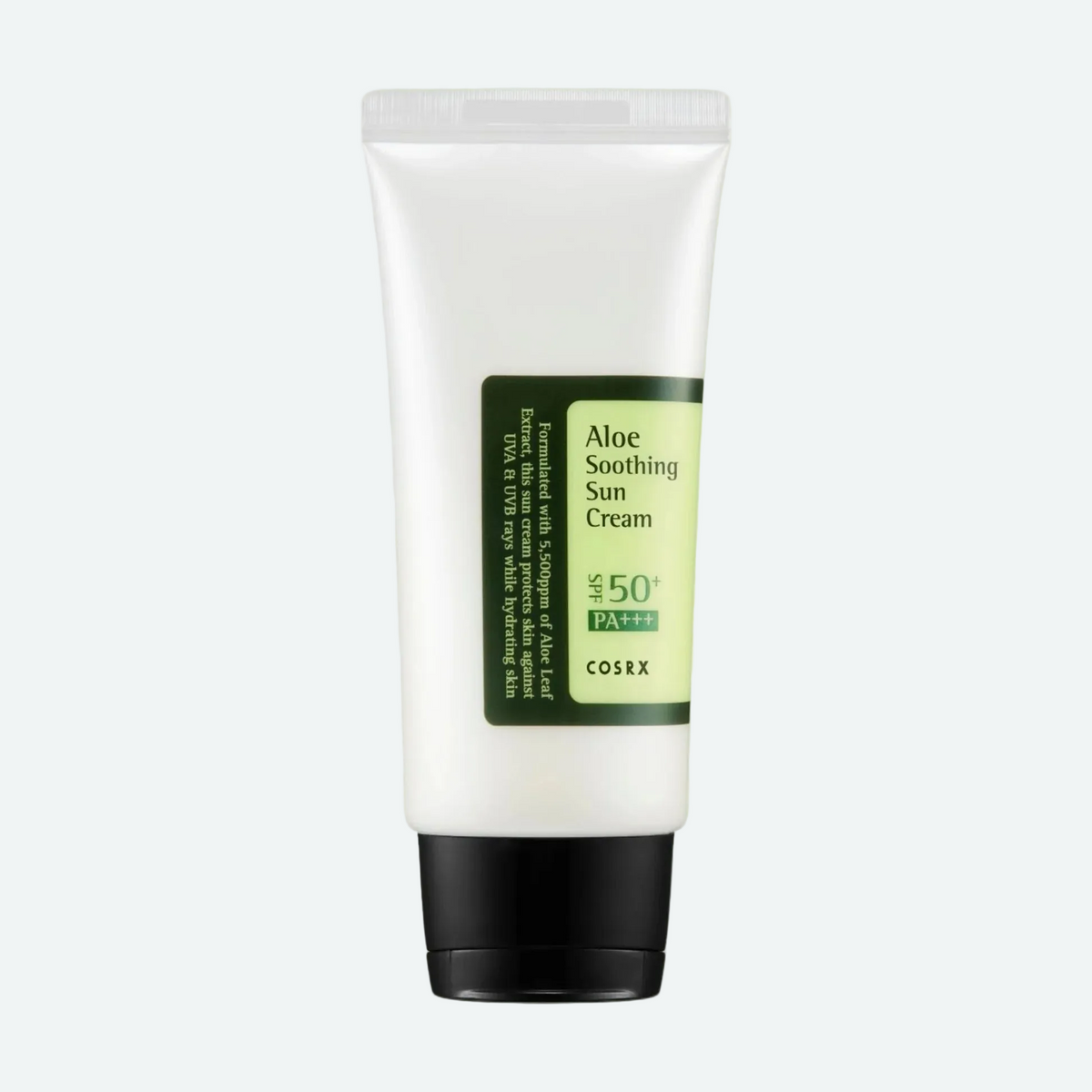 Cosrx Aloe Soothing Sun Cream tube on a light green background