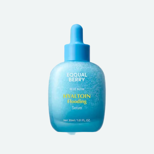 Blue Eqqualberry Hyaltoin Flooding Serum 30ml dropper bottle on a pale blue background.