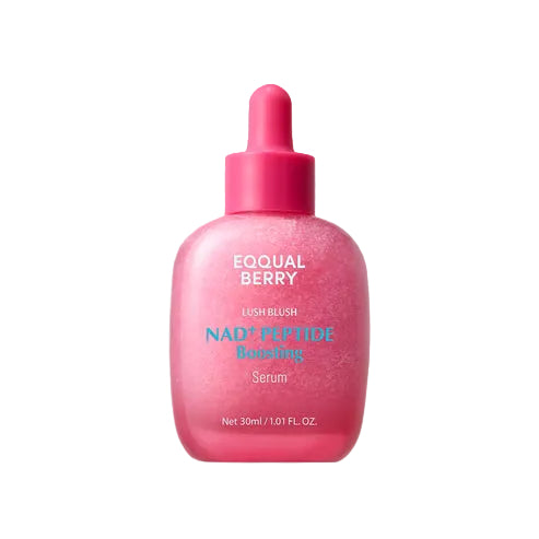 Pink Eqqualberry NAD+ Peptide Boosting Serum 30ml dropper bottle on a white background.