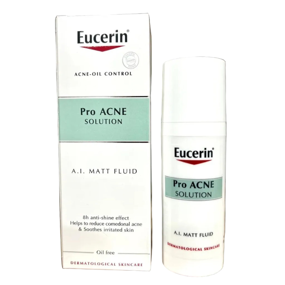 Eucerin Pro ACNE SOLUTION A.I. Matt Fluid packaging and bottle on a wooden surface.