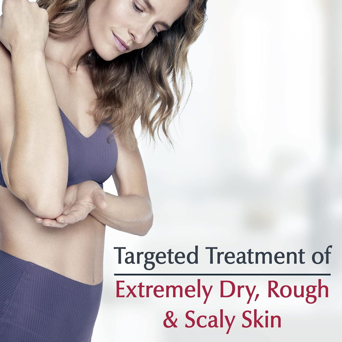 Woman touching her elbow in an Eucerin graphic about dry, rough skin.