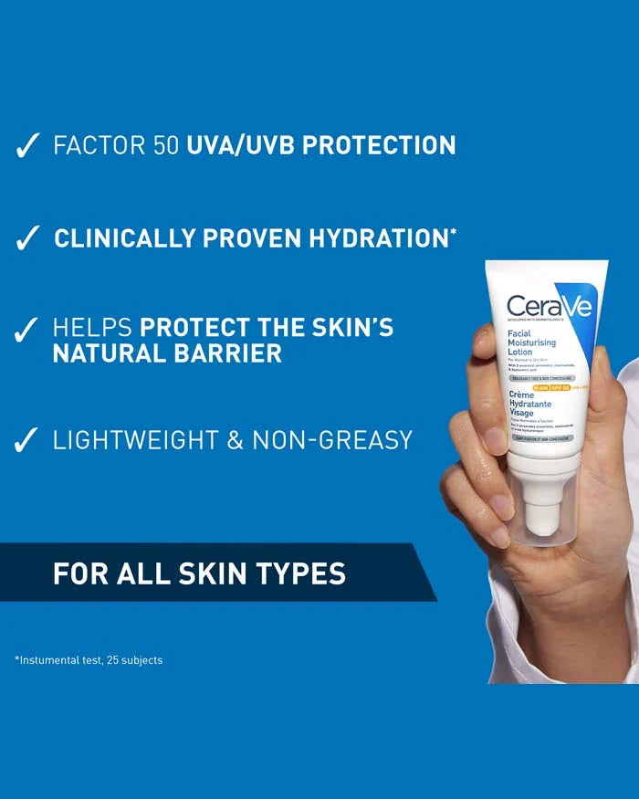 CeraVe Facial Moisturising Lotion with SPF 50 – 52 ml | For Normal to Dry Skin